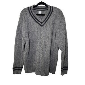 Old Navy‎ Cable Knit V Neck Sweater Gray Striped Trim Mens XL Extra Large
